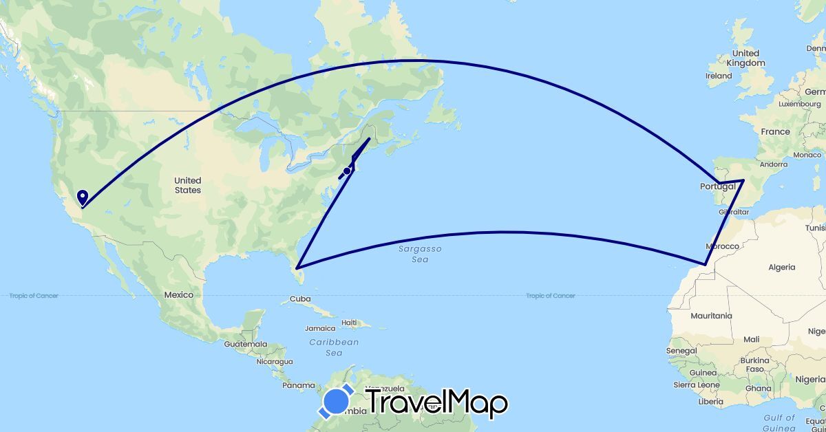TravelMap itinerary: driving in Spain, Morocco, Portugal, United States (Africa, Europe, North America)